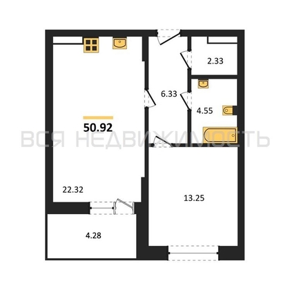 1-комнатная квартира, 50.92кв.м - изображение