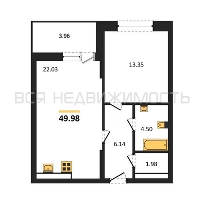 1-комнатная квартира, 49.98кв.м - изображение