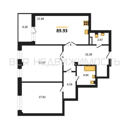 2-комнатная квартира, 89.93кв.м - изображение