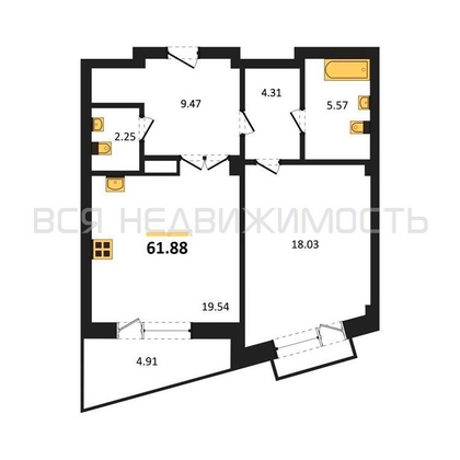 1-комнатная квартира, 61.88кв.м - изображение