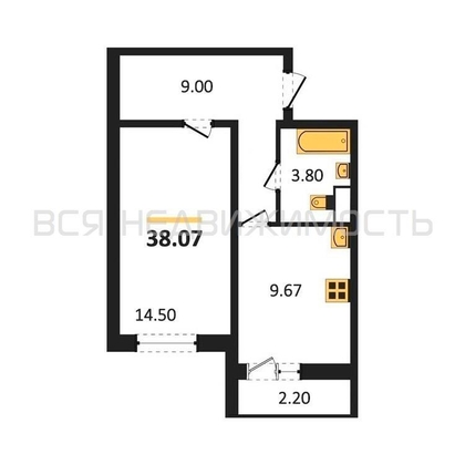 1-комнатная квартира, 38.07кв.м - изображение
