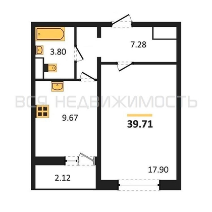 1-комнатная квартира, 39.71кв.м - изображение