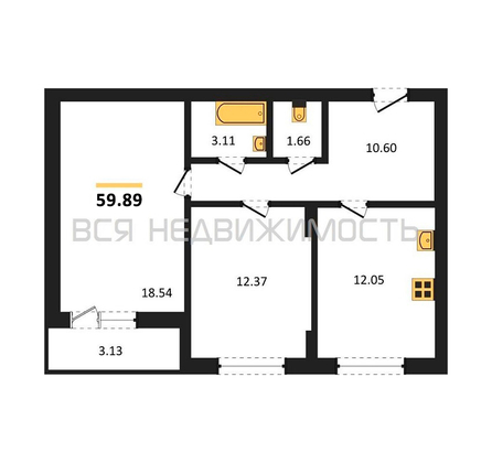 2-комнатная квартира, 59.89кв.м - изображение