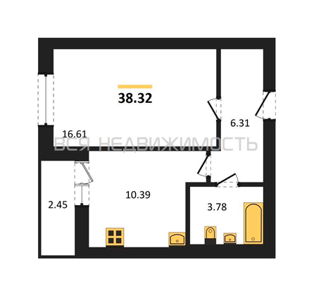 1-комнатная квартира, 38.32кв.м - изображение