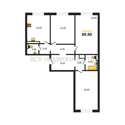 3-комнатная квартира, 89.9кв.м - изображение