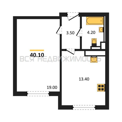 1-комнатная квартира, 40.1кв.м - изображение
