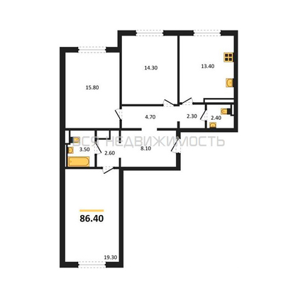 3-комнатная квартира, 86.4кв.м - изображение