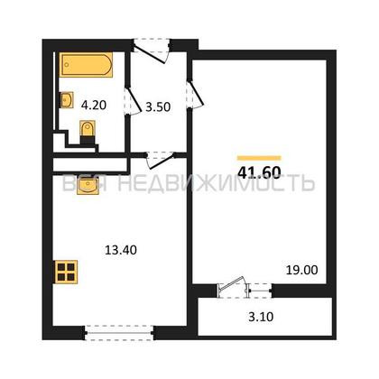 1-комнатная квартира, 41.6кв.м - изображение