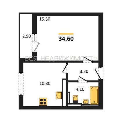 1-комнатная квартира, 34.6кв.м - изображение