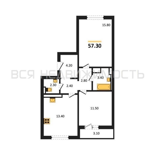 2-комнатная квартира, 57.3кв.м - изображение 0