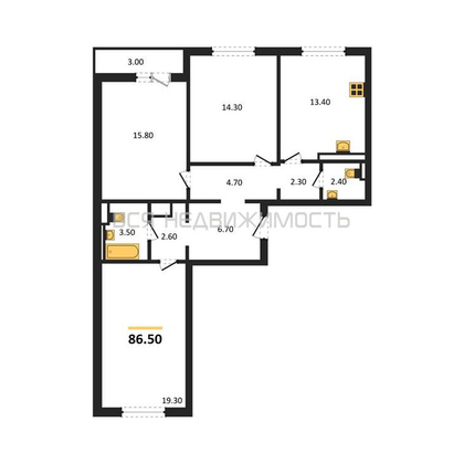 3-комнатная квартира, 86.5кв.м - изображение