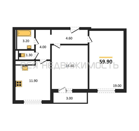 2-комнатная квартира, 59.9кв.м - изображение