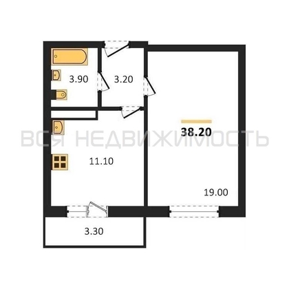 1-комнатная квартира, 38.2кв.м - изображение