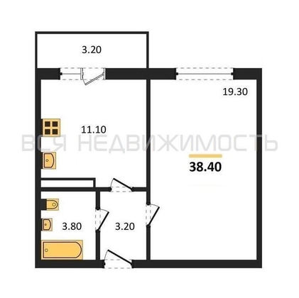 1-комнатная квартира, 38.4кв.м - изображение