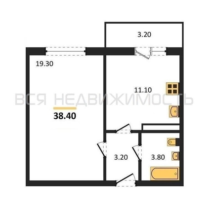 1-комнатная квартира, 38.4кв.м - изображение