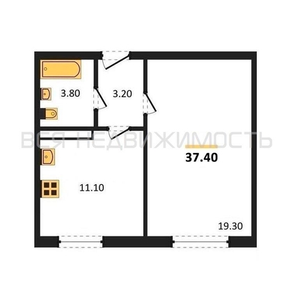 1-комнатная квартира, 37.4кв.м - изображение