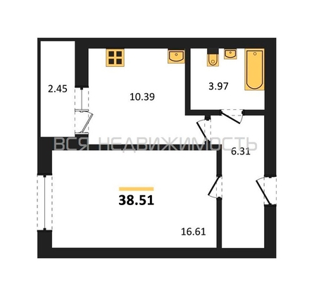 1-комнатная квартира, 38.51кв.м - изображение