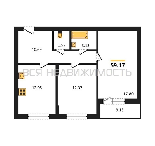 2-комнатная квартира, 59.17кв.м - изображение 0