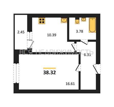 1-комнатная квартира, 38.32кв.м - изображение