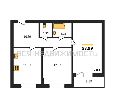 2-комнатная квартира, 58.99кв.м - изображение
