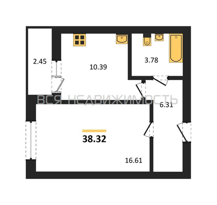 1-комнатная квартира, 38.32кв.м - изображение
