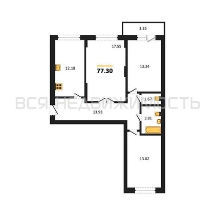 3-комнатная квартира, 77.3кв.м - изображение