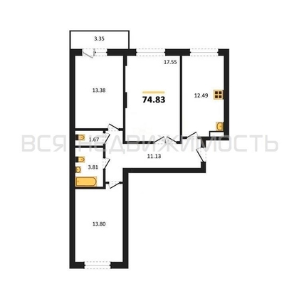 3-комнатная квартира, 74.83кв.м - изображение