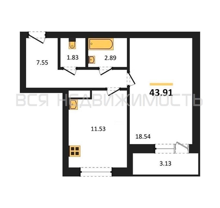 1-комнатная квартира, 43.91кв.м - изображение