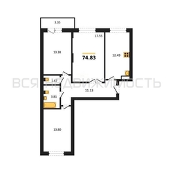 3-комнатная квартира, 74.83кв.м - изображение 1