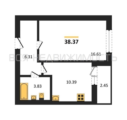 1-комнатная квартира, 38.37кв.м - изображение
