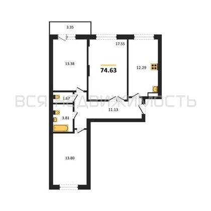 3-комнатная квартира, 74.63кв.м - изображение