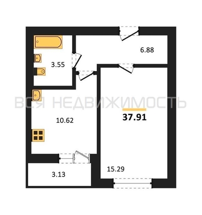 1-комнатная квартира, 37.91кв.м - изображение