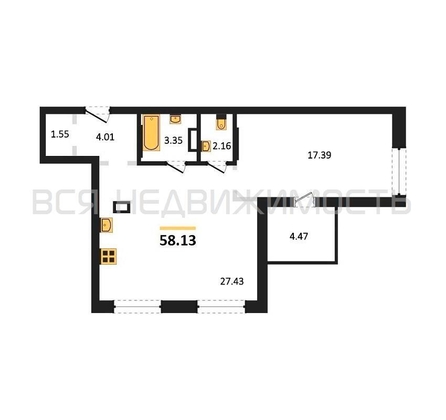 1-комнатная квартира, 58.13кв.м - изображение
