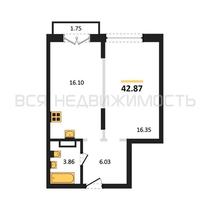 1-комнатная квартира, 42.87кв.м - изображение