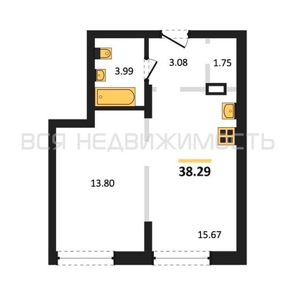 1-комнатная квартира, 38.29кв.м - изображение