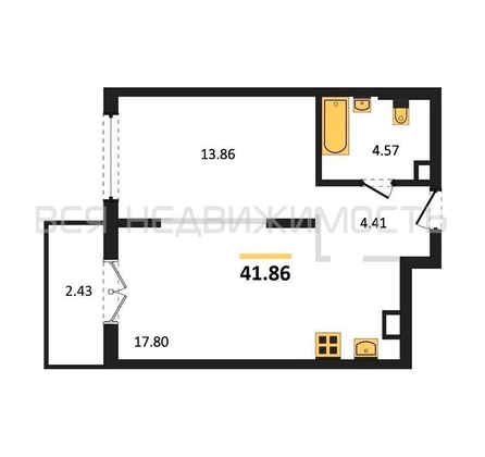 1-комнатная квартира, 41.86кв.м - изображение