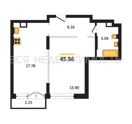 1-комнатная квартира, 45.56кв.м - изображение