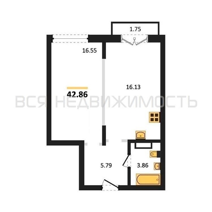 1-комнатная квартира, 42.86кв.м - изображение