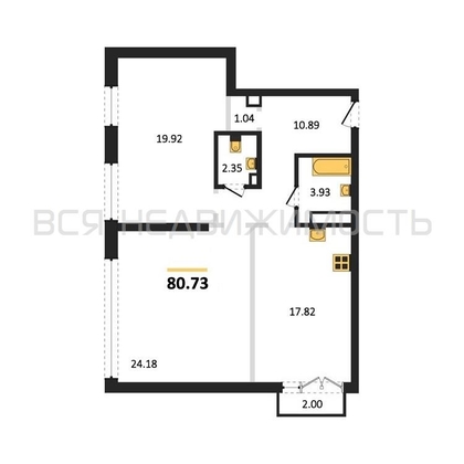 2-комнатная квартира, 80.73кв.м - изображение