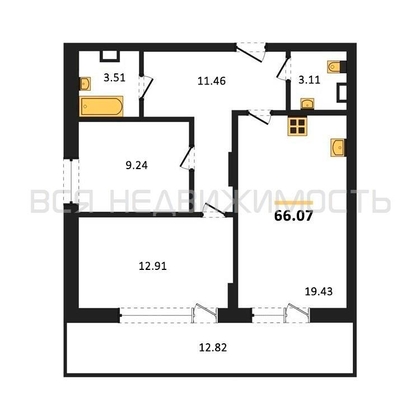 2-комнатная квартира, 66.07кв.м - изображение