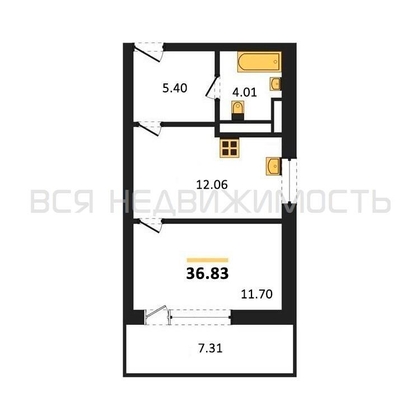 1-комнатная квартира, 36.83кв.м - изображение