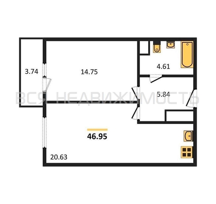 1-комнатная квартира, 46.95кв.м - изображение