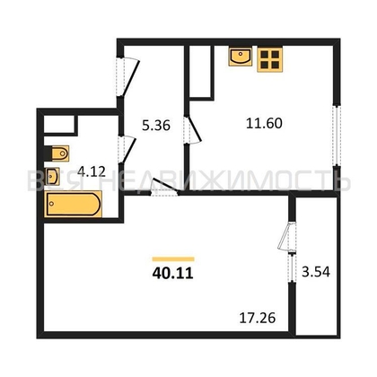 1-комнатная квартира, 40.11кв.м - изображение