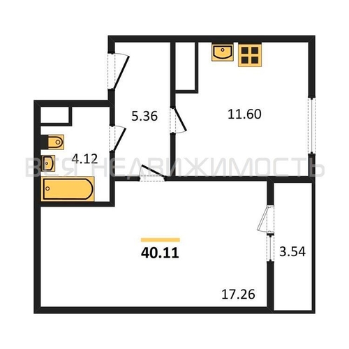 1-комнатная квартира, 40.11кв.м - изображение 0
