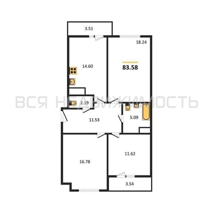 3-комнатная квартира, 84.16кв.м - изображение