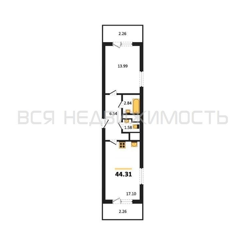 1-комнатная квартира, 46.16кв.м - изображение 0