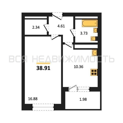 1-комнатная квартира, 38.91кв.м - изображение