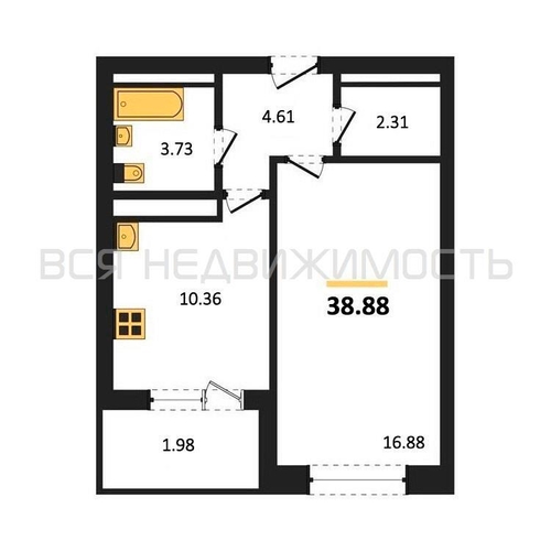 1-комнатная квартира, 38.88кв.м - изображение 0