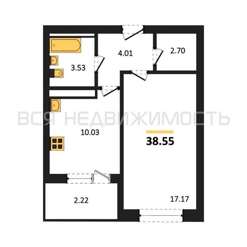 1-комнатная квартира, 38.55кв.м - изображение 0