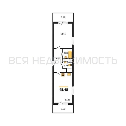 1-комнатная квартира, 45.45кв.м - изображение